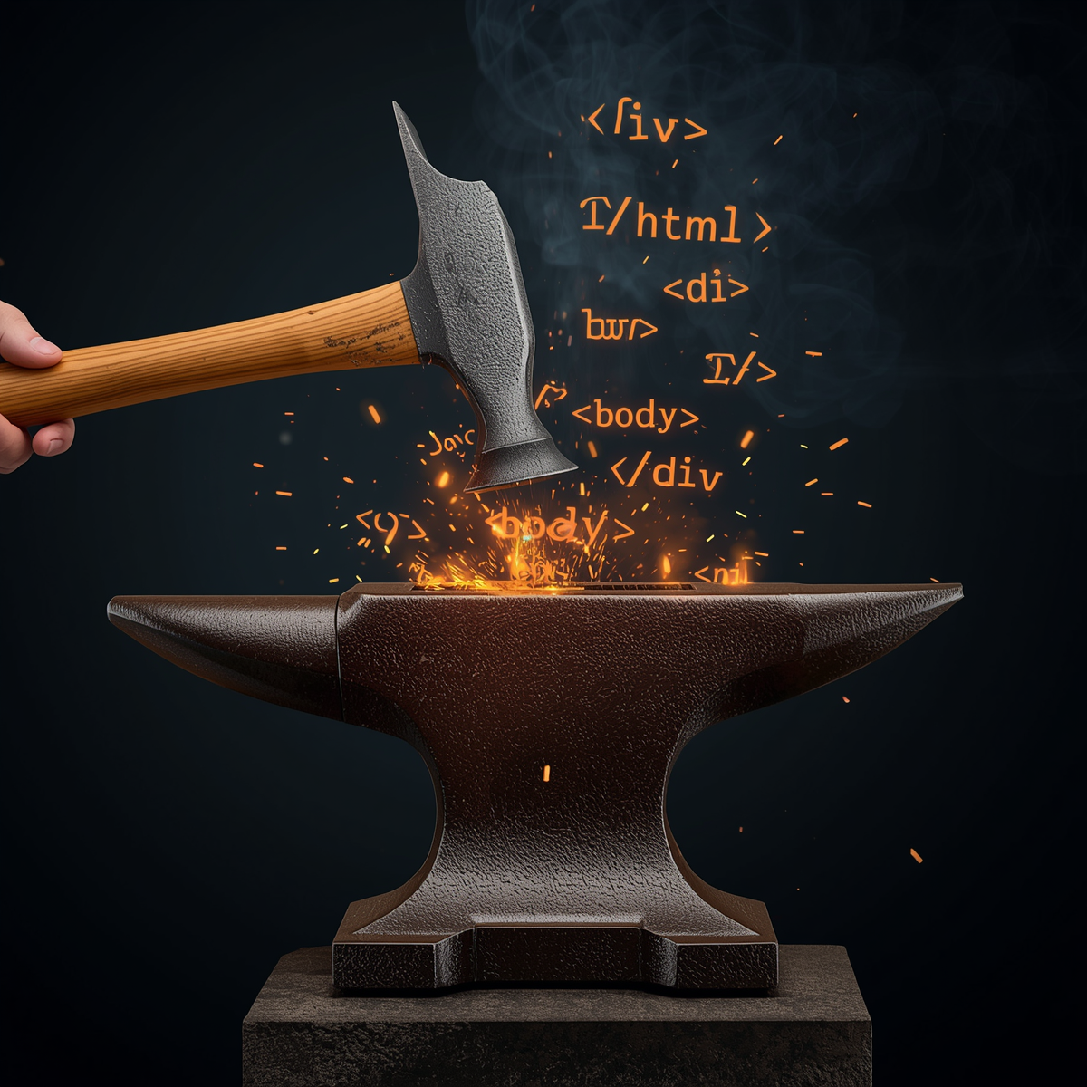 Hammer striking an anvil with HTML code tags flying off as sparks — forging websites from scratch